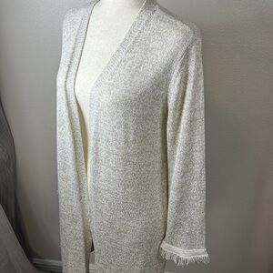 ANN TAYLOR Shimmer Fringe Open‎ Knit Cardigan Sweater Cream Spring Lightweight S